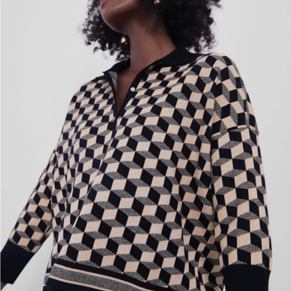 NWT Tuckernuck Geometric knit polo sweater in black and camel